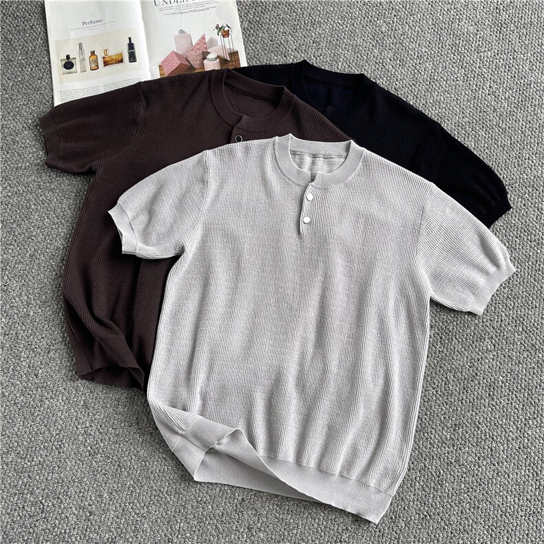 现货！亨利领针织衫短袖夏季男款慵懒风纯色-LK80068-特批40,男装针织衫/毛衣,电商A061
