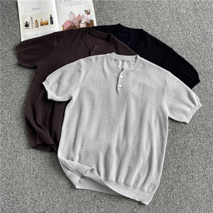 现货！亨利领针织衫短袖夏季男款慵懒风纯色-LK80068-特批40图片
