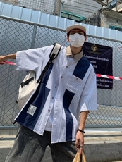 潮牌条纹短袖衬衫男夏季美式复古oversize学院风宽松休闲上衣HC10，男装衬衫，星座601-2