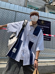 潮牌条纹短袖衬衫男夏季美式复古oversize学院风宽松休闲上衣HC10图片
