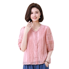 时尚甜美粉色蕾丝拼接宽松显瘦女装衬衫，女装衬衫，叶笙衣