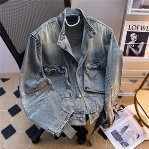 JK8969-P78 秋冬美式复古牛仔外套男女宽松百搭重工做旧立领图片