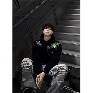 花卉花环刺绣连帽卫衣新中式国潮男女春秋季纯棉情侣HACR重磅外套图片