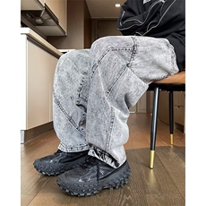 重工牛仔长裤男女韩版潮流高街灰色2024秋冬ins长裤RK2215-P49，男装休闲裤，星座412-2