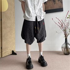风刺绣裤子夏季薄款亚麻七分裤胖子灯笼裤冰丝沙滩短裤-DK86，男装牛仔裤，星座601-2