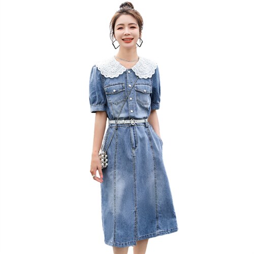 法式复古蕾丝娃娃领牛仔连衣裙2022夏季新品气质女牛仔裙减龄气质,女装连衣裙,意芙