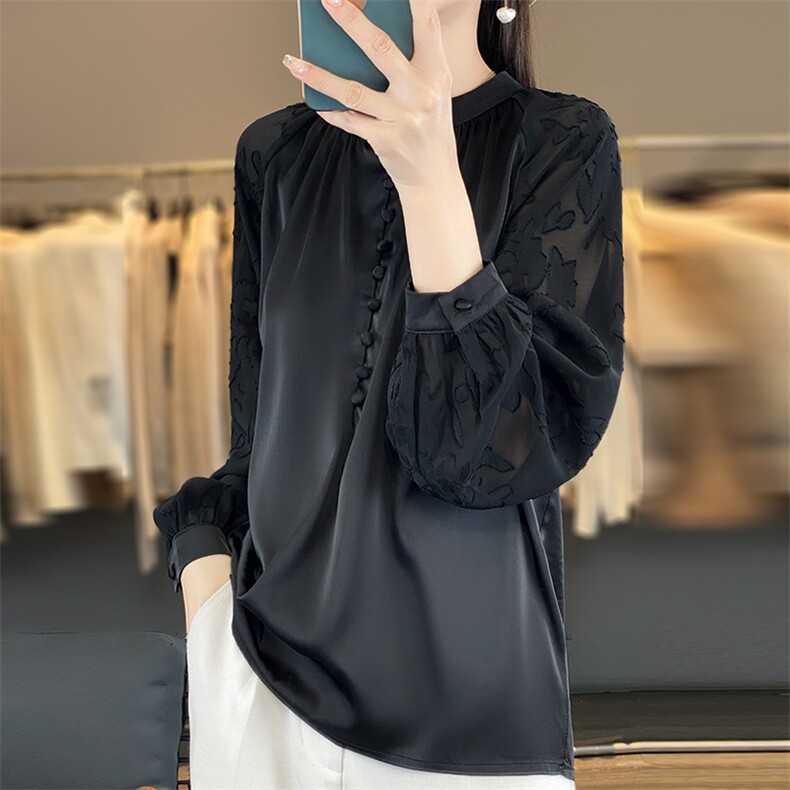春季新款真丝衬衣女宽松百搭时尚打底衫气质内搭醋酸缎面上衣圆领,女装衬衫,佳绒高端店