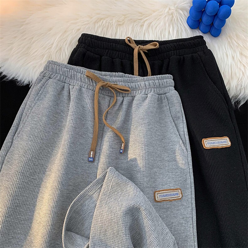 华夫格休闲裤男宽松阔腿直筒卫裤贴标抽绳束脚裤子K5309-P45 控58图片