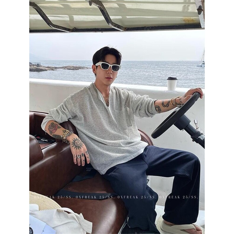 网图有货老钱风v领长袖t恤男宽松穿搭薄上衣A852-P45,男装针织衫/毛衣,星座1505