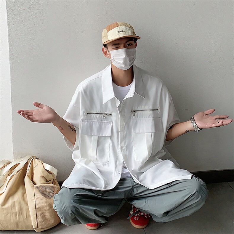 S2029-P40美式潮牌工装风拉链冰丝短袖衬衫,男装衬衫,星座1501-1