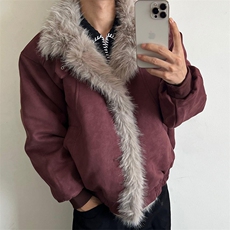 现货重磅硬挺boxy羽绒棉衣座山雕大毛毛领洗水麂皮棉服冬外套，男装棉衣，电商A443