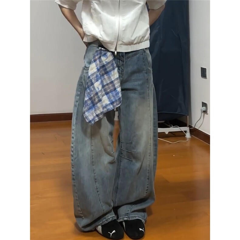 原创设计感美式复古格子拼接牛仔裤女2025秋街头宽松阔腿长裤，男装牛仔裤，星座1210-1