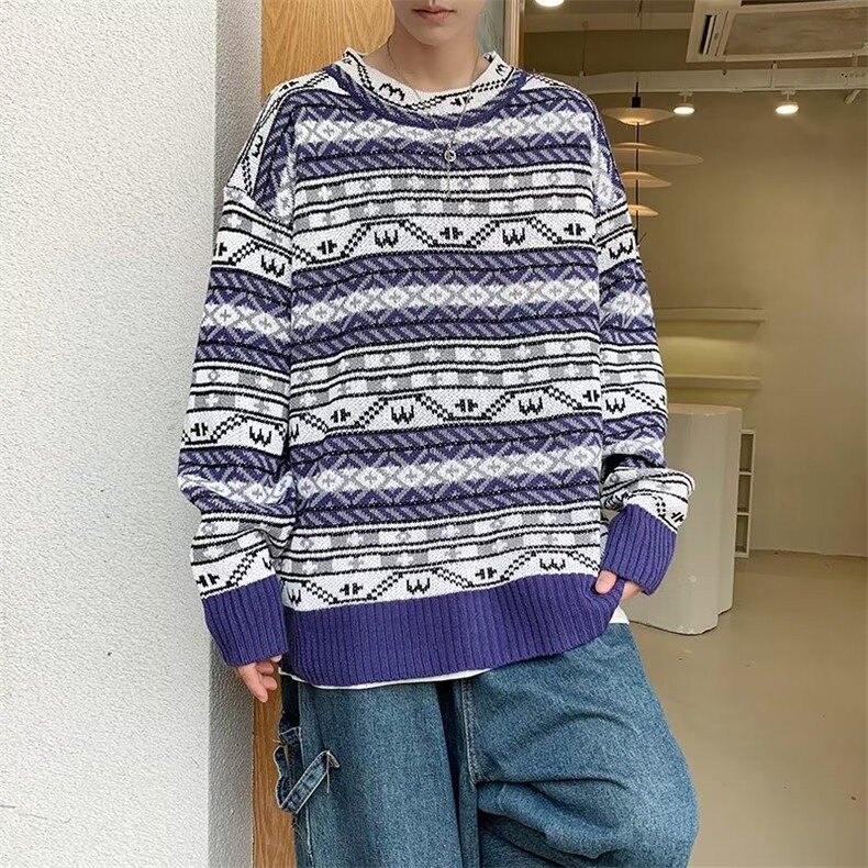 圆领毛衣男港味2023秋季复古日系涂鸦印花针织衫M135P40,男装针织衫/毛衣,星座1116-2