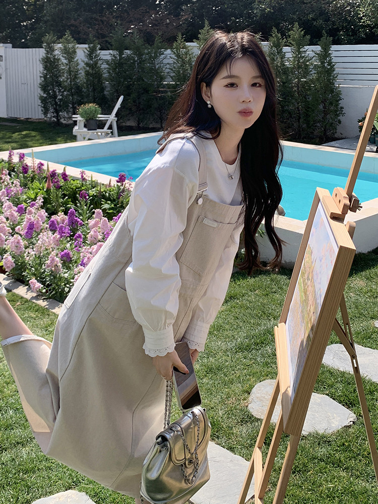 韩系减龄背带连衣裙套装女2025春新款高级感气质显瘦吊带裙两件套,女装套装/套裙,慧尚依恋