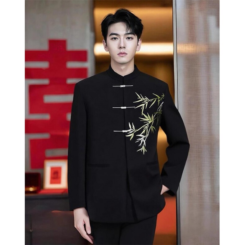 中山装新中式西装套装男高级感订婚穿搭竹叶刺绣垫肩唐装西服礼服图片