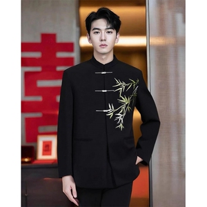 中山装新中式西装套装男高级感订婚穿搭竹叶刺绣垫肩唐装西服礼服图片