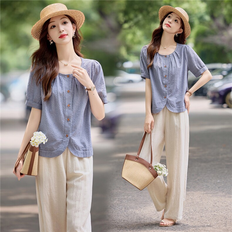 现货，，竖条套装女2025夏季新款高级感气质显瘦阔腿裤两件套，女装套装/套裙，依万里