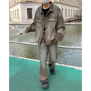 牛仔套装男秋季复古工装休闲夹克ins潮牌青少年翻领上衣TZ09-P115图片