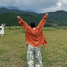美式复古橙色格子衬衫女秋季撞色拼接格纹长袖衬衣高级感宽松上衣，男装衬衫，星座1210-1