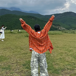 美式复古橙色格子衬衫女秋季撞色拼接格纹长袖衬衣高级感宽松上衣图片