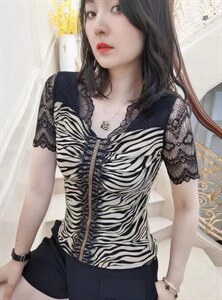 现货印花网蕾丝短袖图片