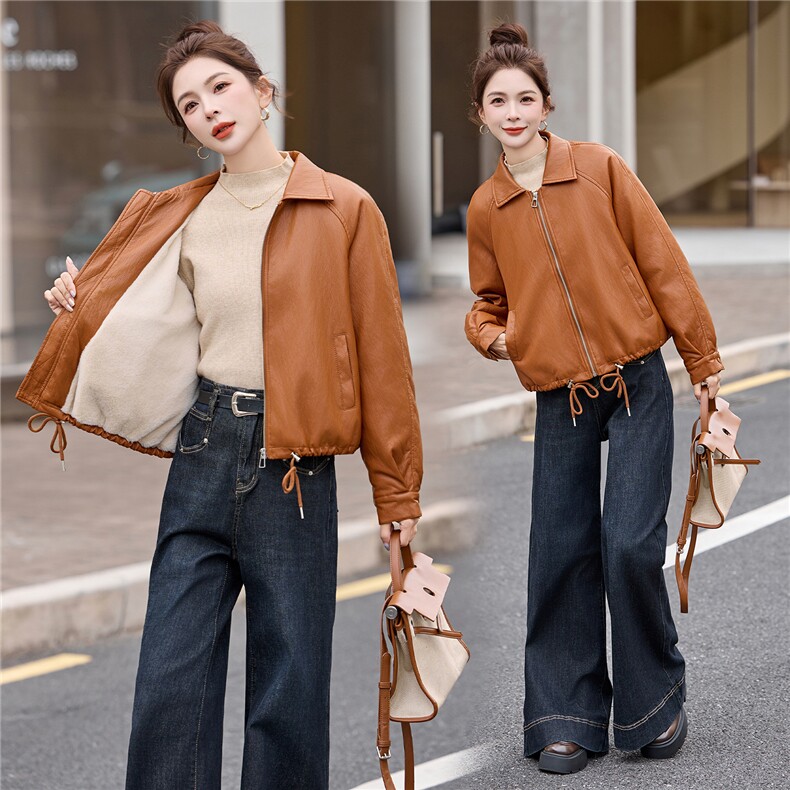 2025新款高级感小个子美拉德咖色翻领短款皮衣外套女秋冬加绒加厚，女装皮衣，江南女神