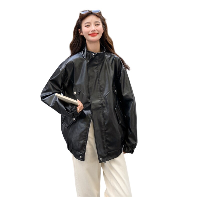 黑色复古机车服皮衣外套女2025秋季新款宽松休闲百搭夹克上衣潮,女装皮衣,2C325