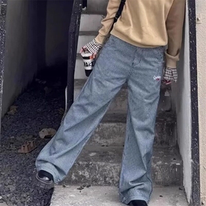 美式复古刺绣直筒休闲裤男秋冬新款高街设计感宽松显瘦阔腿拖地裤图片