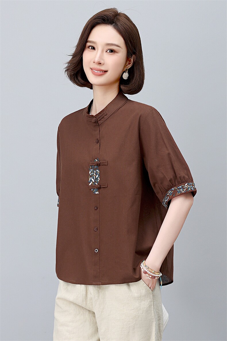 新中式国风刺绣棉麻衬衫女2025年夏季新款妈妈宽松遮肚子亚麻上衣,女装大码女装,依恋蒂丝