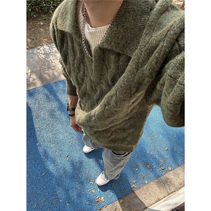 假两件麻花毛衣男冬季慵懒松弛感毛线衣软糯v领针织衫WLZ133-P55