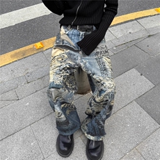 美式街头做旧牛仔裤男欧美高街vibe风裤子3D打印数码印花直筒长裤，男装牛仔裤，星座813-2