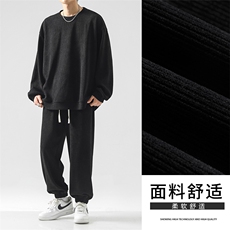 茶色条绒圆领卫衣搭配束脚休闲裤美式休闲穿搭-TZ830特批92，男装休闲套装，星座718