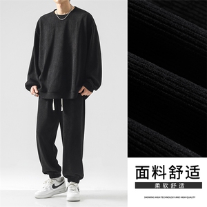 茶色条绒圆领卫衣搭配束脚休闲裤美式休闲穿搭-TZ830特批92图片