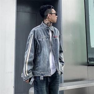 Q60/P79美式潮牌做旧水洗立领牛仔外套男女宽松情侣休闲夹克