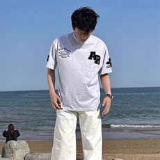 万针全刺绣工艺抖音得物高品质260克重磅纯棉双纱美式高街短袖T恤，男装T恤，电商A486