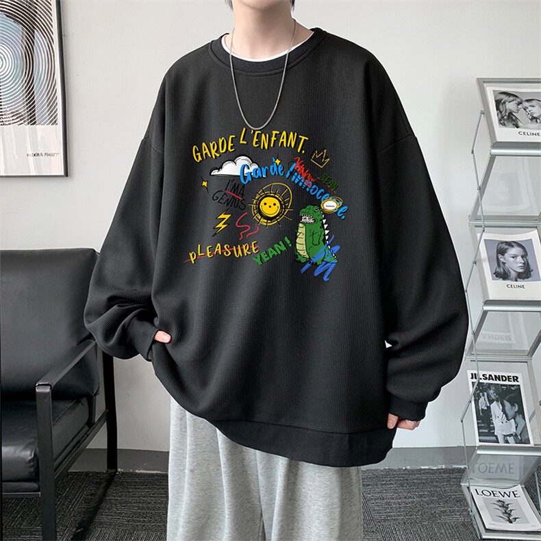 华夫格卫衣圆领卫衣男大码长袖t恤男外套HW76219-P30加绒款-P40,男装卫衣,电商A040