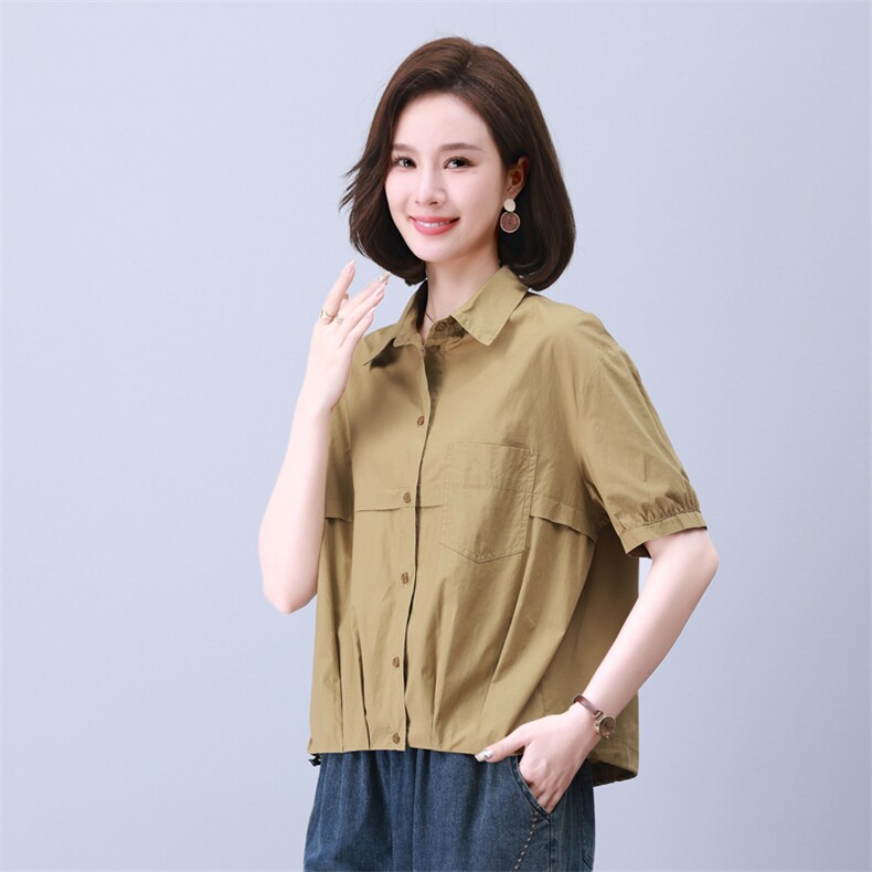 时尚宽松休闲抽绳上衣女短袖衬衫百搭显瘦气质衬衣,女装衬衫,叶笙衣