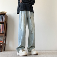 S-3XL夏季薄款冰丝裤直筒宽松破洞牛仔裤310A-2BK312p55控78，男装牛仔裤，星座310A-2