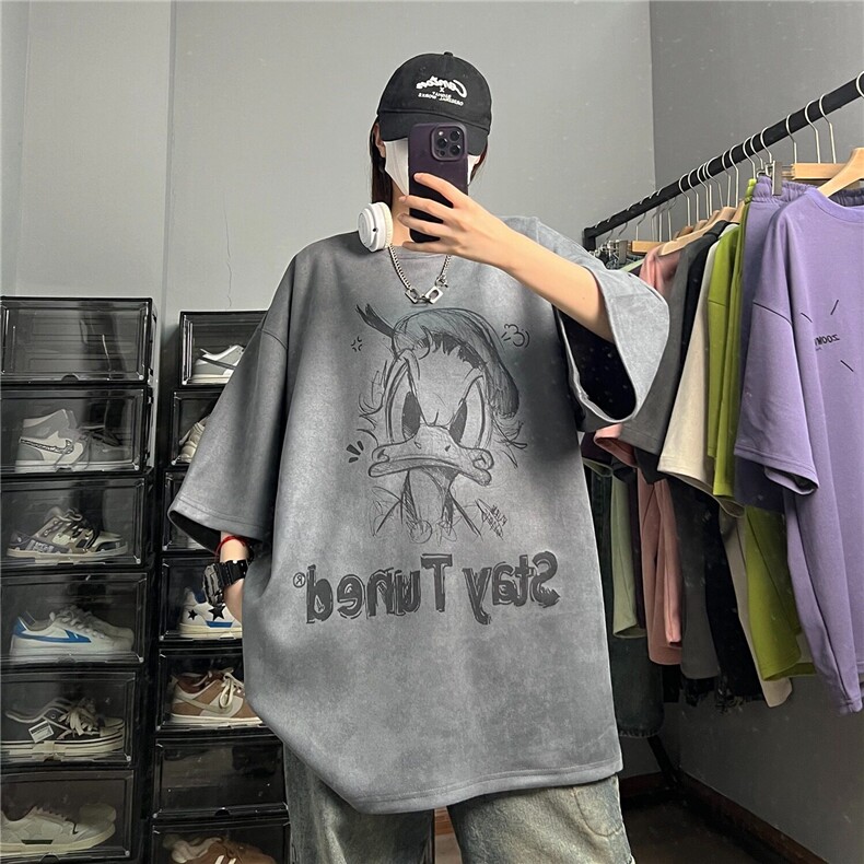 唐老鸭麂皮绒t恤男夏季薄款美式卡通高级感短袖中性风宽松大码T恤,男装T恤,星座506A