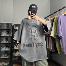 唐老鸭麂皮绒t恤男夏季薄款美式卡通高级感短袖中性风宽松大码T恤，男装T恤，星座506A