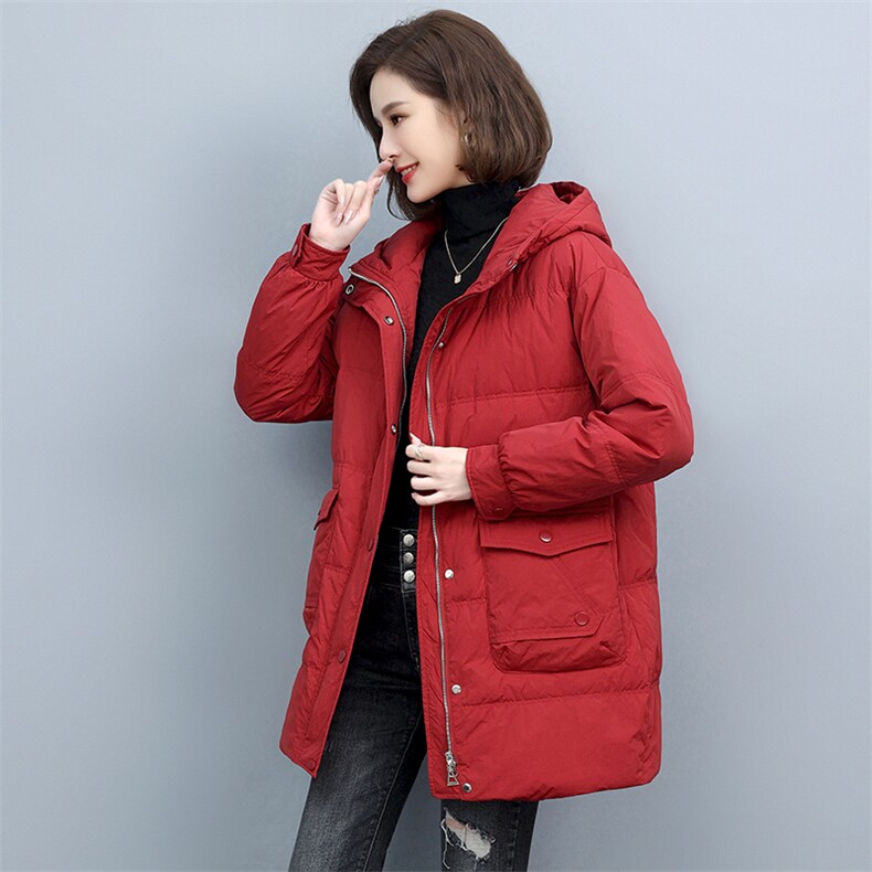 时尚保暖女士连帽羽绒服修身显瘦长款外套,女装羽绒服,文熹诺
