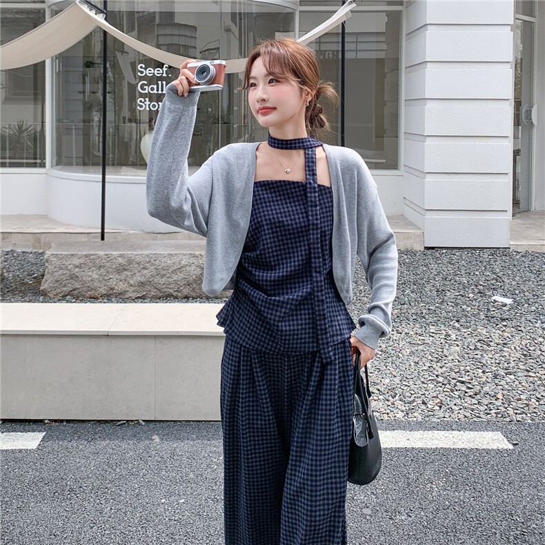 洋气时髦设计感复古格纹套装女2026春夏新款开衫吊带阔腿裤三件套,女装套装/套裙,艾米莉亚