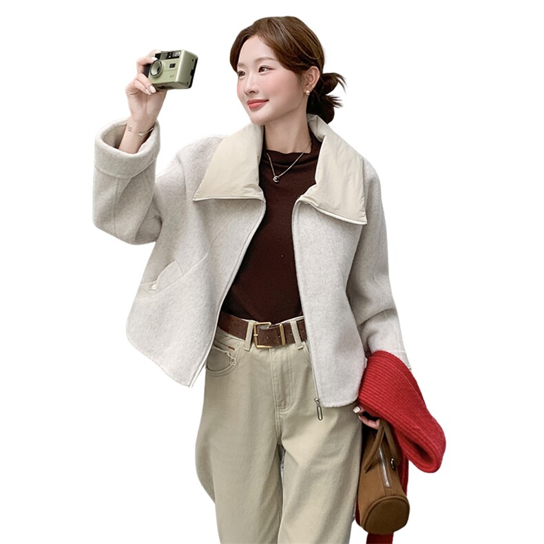2026秋冬新款羽绒领子拼接羊毛双面呢外套大衣p265=k355,女装羊绒大衣,2B142