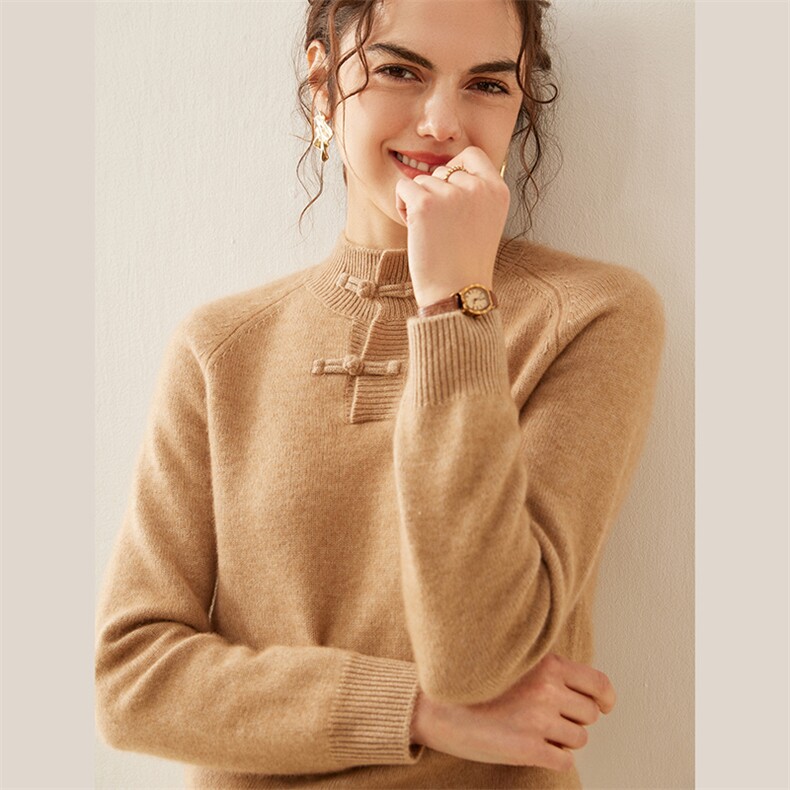 2025年秋季常规款套头单件长袖落肩袖新中式盘扣时尚百搭，女装针织衫/毛衣，溪贝羊绒