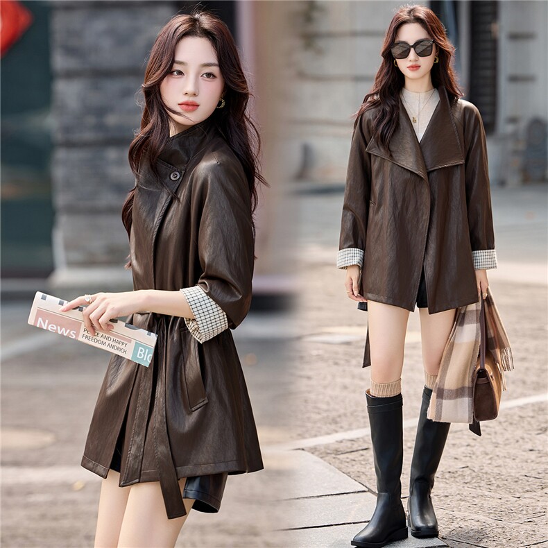 2025年秋季气质新款大翻领长袖短款皮衣外套，女装皮衣，天丝秀