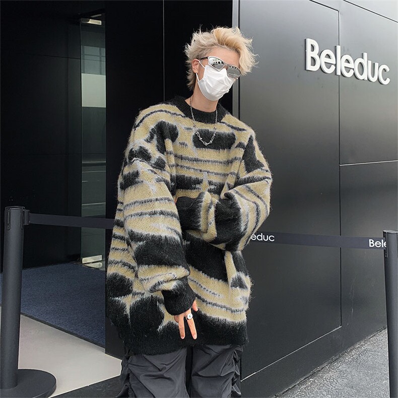 B207-P46美式复古撞色条纹毛衣男秋季潮牌ins慵懒设计感针织衫,男装针织衫/毛衣,星座512-6