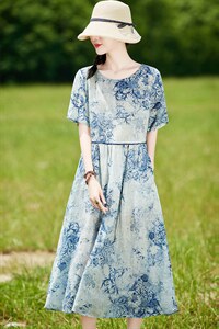 清仓夏季女装苎麻碎花连衣裙时尚复古文艺洋气减龄大码高端长裙子，女装连衣裙，辉之琳