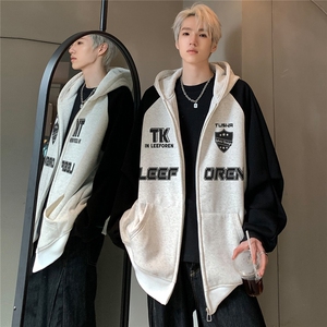 美式复古撞色插肩袖开衫卫衣男潮牌学院风休闲情侣外套JK119-P78图片