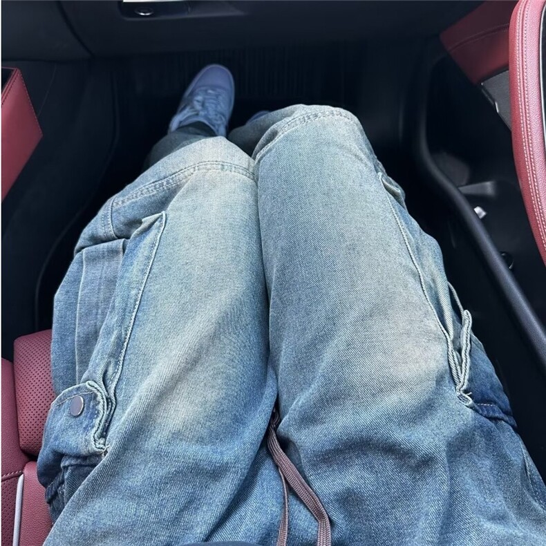 工装牛仔裤男秋冬美式高街宽松阔腿直筒裤多口袋休闲裤K70377-p53,男装休闲裤,星座1008