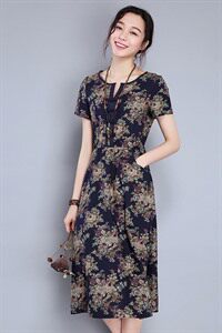V领 宽松腰 套头 花色 连衣裙 棉 短袖 2021年夏季 长裙 印花 A型图片